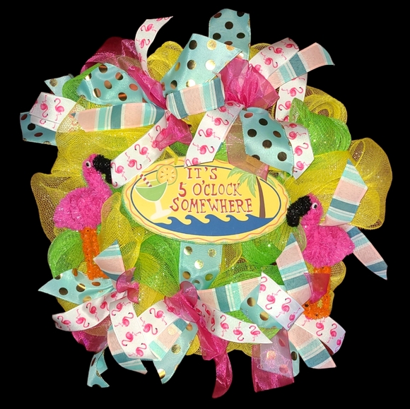 IT'S 5 O'CLOCK SOMEWHERE HANDMADE 🦩 FLAMINGO SUMMER WREATH - Picture 1 of 3